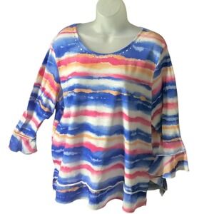 Alfred Dunner Women's Tie Dye Stripe Print Blouse Top Size Large Flutter Sleeve